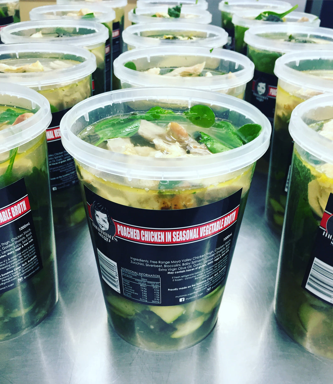 Poached Chicken & Seasonal Greens in Broth. 1000ml. GF&DF.